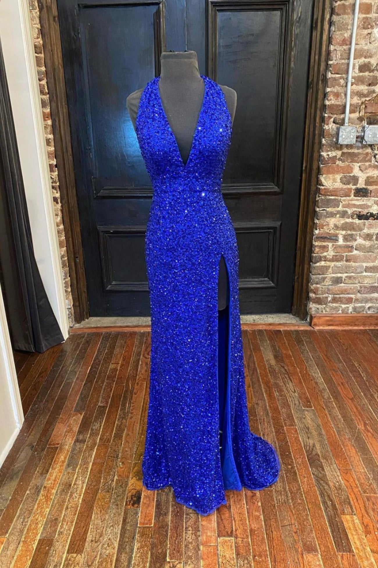 Prom Dresses Sweetheart, Blue V-Neck Sequins Long Prom Dresses, Blue Formal Evening Dresses