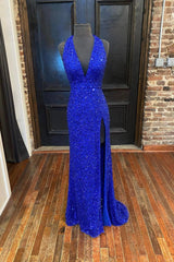 Prom Dresses Sweetheart, Blue V-Neck Sequins Long Prom Dresses, Blue Formal Evening Dresses