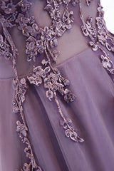 Bridesmaid Dress Idea, Purple V-Neck Lace Long Prom Dresses, A-Line Evening Party Dresses