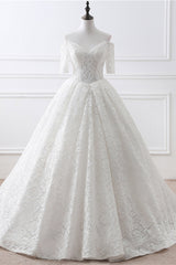 Formal Dresses Wedding Guest, A-Line Lace Off the Shoulder White Lace Bridal Gown