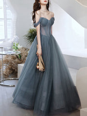 Evening Dresses Green, A Line Sweetheart Neck Gray Blue Tulle Long Prom Dress, Blue Evening Dress