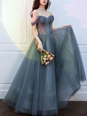 Evening Dress Mermaid, A Line Sweetheart Neck Gray Blue Tulle Long Prom Dress, Blue Evening Dress