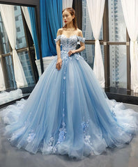 Light Blue Dress, Blue Off Shoulder Tulle Lace Long Prom Gown Blue Evening Dress