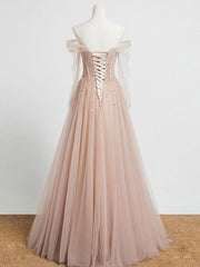 Prom Dress Princess, Champagne Pink Tulle Beads Long Prom Dress, Champagne Evening Dress