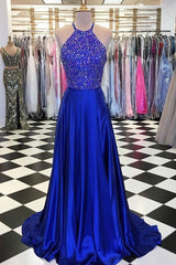 Bridesmaids Dresses Ideas, blue a line beads long prom dress blue evening dress
