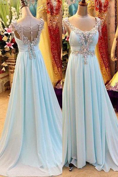 Beach Wedding Guest Dress, A-Line/Princess V-Neck Sleeveless Sweep/Brush Train Chiffon 2024 Blue Prom Dresses