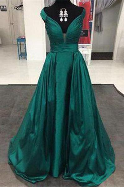 Wedding Pictures Ideas, Dark Green A-Line/Princess V-Neck Sleeveless Natural Zipper Sweep Train Satin Prom Dresses