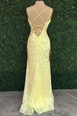 Evening Dresses Unique, Yellow Sequin V-Neck Lace-Up Back Long Prom Dress with Slit