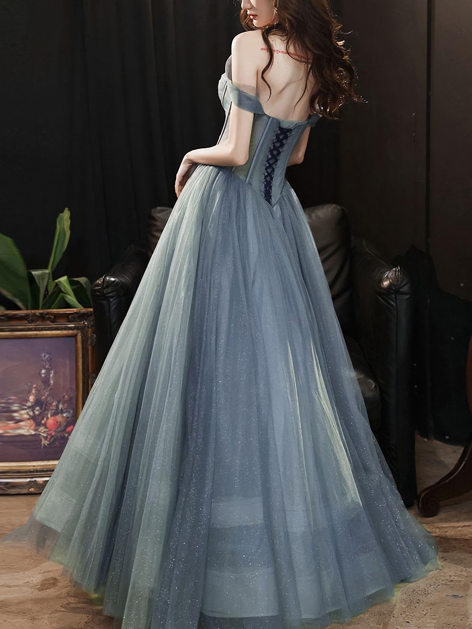 Evening Dress Vintage, A Line Sweetheart Neck Gray Blue Tulle Long Prom Dress, Blue Evening Dress