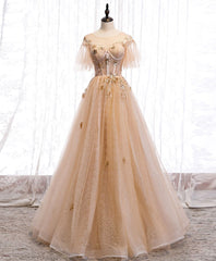 Prom Dress2039, Champagne Round Neck Tulle Lace Long Prom Dress, Formal Dress