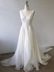 Homecomming Dress With Sleeves, Simple White V Neck Tulle Long Prom Dress, White Evening Dress