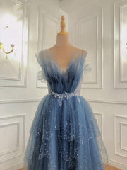 Bridesmaid Dresses Chiffon, Gray Blue Tulle Beads Long Prom Dress, Blue Tulle Formal Dress