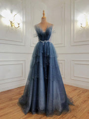 Bridesmaid Dress Fall, Gray Blue Tulle Beads Long Prom Dress, Blue Tulle Formal Dress