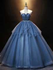 Formal Dresses, Blue Sweetheart Neck Tulle Long Prom Dress, Blue Evening Dress