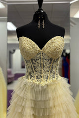 Evening Dresses Gowns, Yellow Lace-Up Floral Multi-Layers Strapless A-line Long Prom Dress