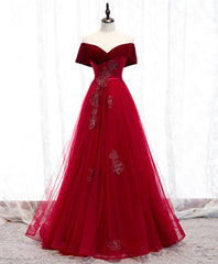 Prom Dress Ideas 2039, Burgundy Tulle Off Shoulder Long Prom Dress, Burgundy Formal Dress