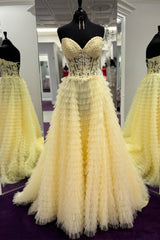 Evening Dresses Simple, Yellow Lace-Up Floral Multi-Layers Strapless A-line Long Prom Dress