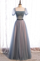 Formal Dress Idea, Gray Blue Tulle Long A-Line Prom Dress, Cute Short Sleeve Evening Dress