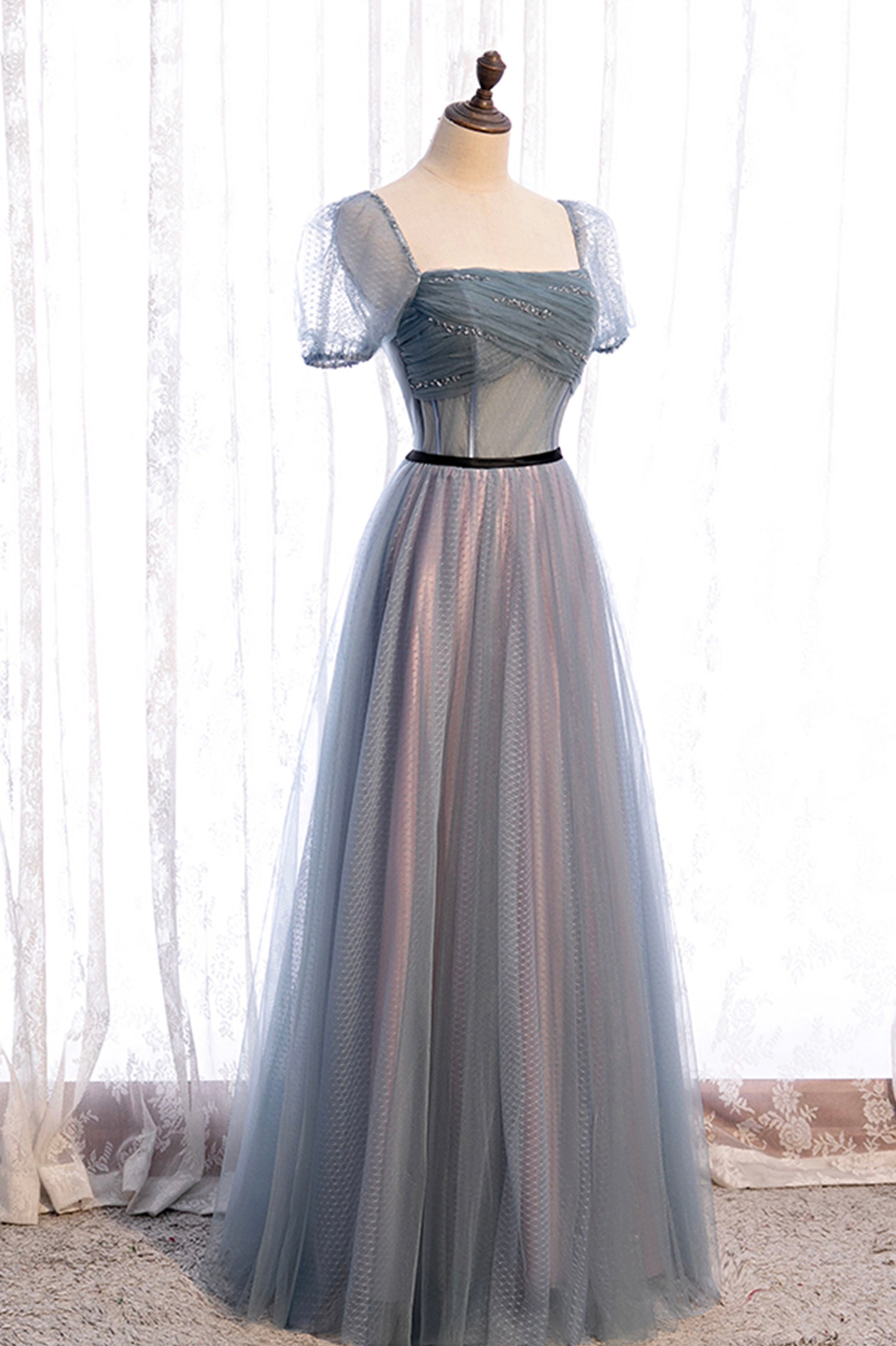 Formal Dress Wedding, Gray Blue Tulle Long A-Line Prom Dress, Cute Short Sleeve Evening Dress