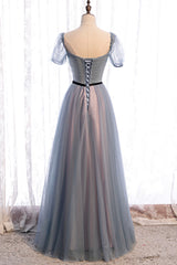 Formal Dresses Wedding, Gray Blue Tulle Long A-Line Prom Dress, Cute Short Sleeve Evening Dress