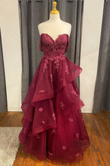 Evening Dress For Party, Wine Floral Lace Strapless A-Line Tiered Prom Dress