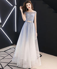 Black Gown, Blue Round Neck Tulle Long Prom Dress, Blue Tulle Evening Dress