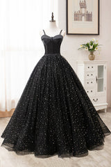 Bridesmaid Dresses Blushing Pink, Black Tulle Long A-Line Long Prom Dresses, Black Evening Party Dresses