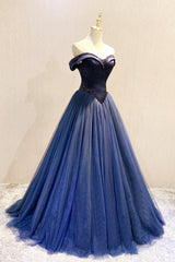 Party Dresses Wedding, A-Line Tulle Beading Long Prom Dresses, Off the Shoulder Evening Dresses