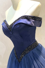 Party Dresses Weddings, A-Line Tulle Beading Long Prom Dresses, Off the Shoulder Evening Dresses