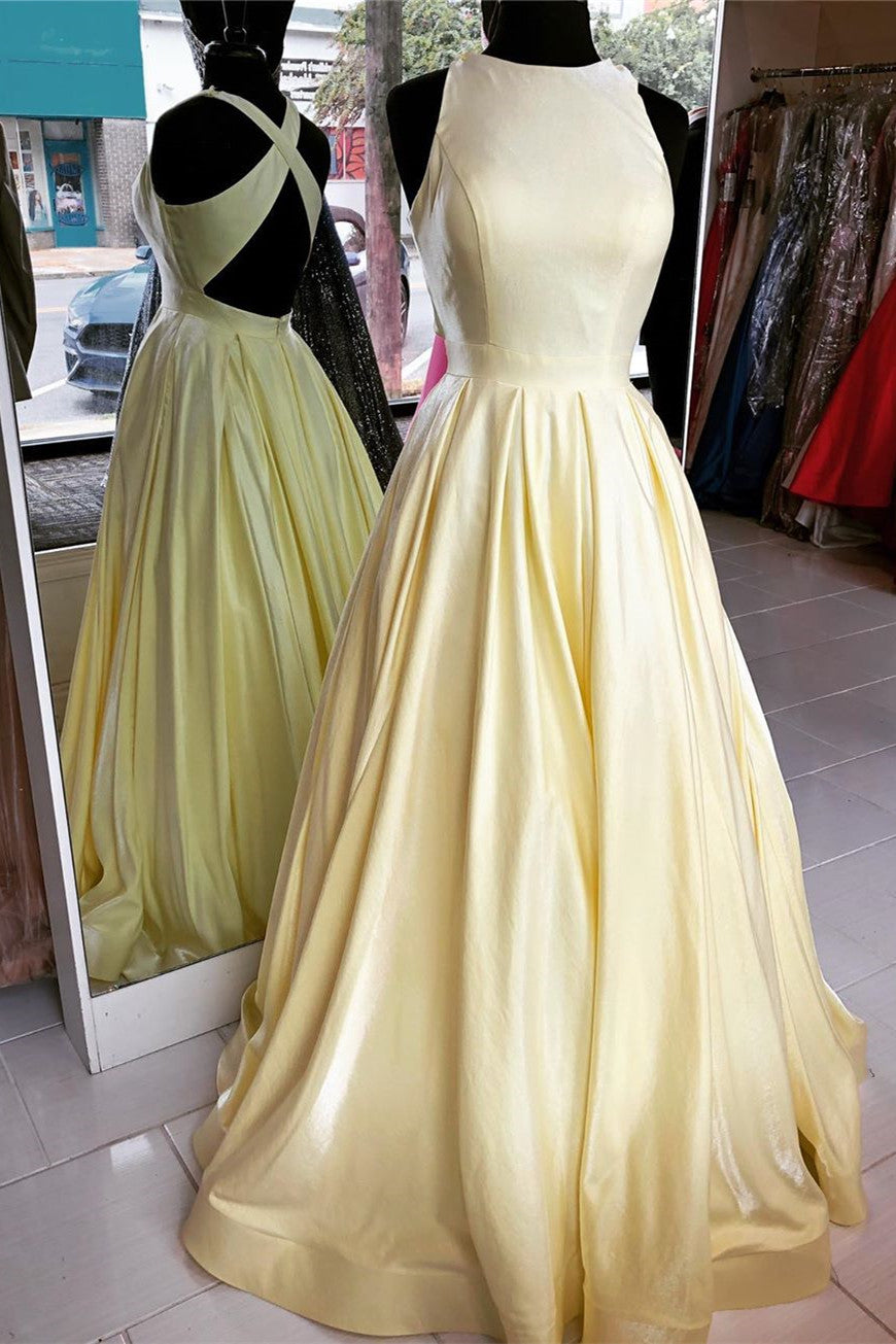 Evening Dresses Classy, Yellow Cross Back Long Formal Dress with Pockets