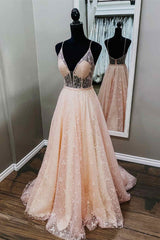 Prom Dresse Long, Spaghetti Straps Pink Fromal Dress