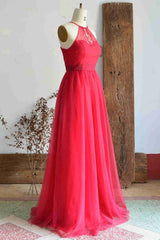 Formal Dresses Midi, A-Line Halter Hot Pink Long Bridesmaid Dress