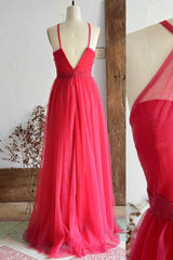 Formal Dresses For Winter Wedding, A-Line Halter Hot Pink Long Bridesmaid Dress