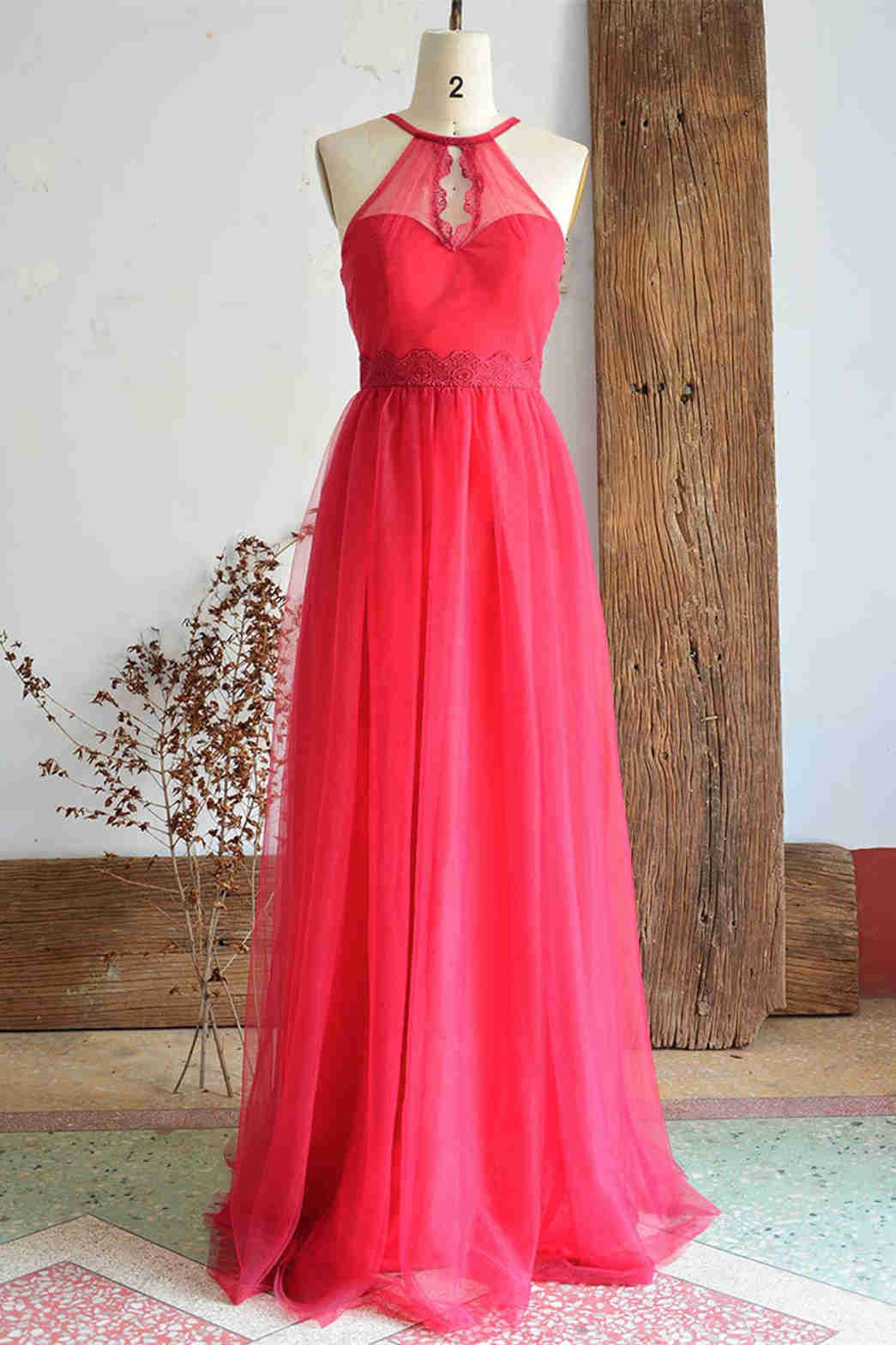 Formal Dresses For Fall Wedding, A-Line Halter Hot Pink Long Bridesmaid Dress