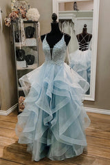 Prom Dress With Tulle, Blue V-Neck Lace Long Prom Dresses, A-Line Backless Evening Dresses