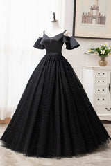 Bridesmaids Dress Chiffon, Black V-Neck Tulle Long Prom Dresses, A-Line Black Evening Dresses