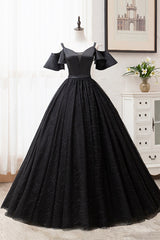 Bridesmaid Dress Chiffon, Black V-Neck Tulle Long Prom Dresses, A-Line Black Evening Dresses