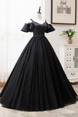 Bridesmaids Dresses Chiffon, Black V-Neck Tulle Long Prom Dresses, A-Line Black Evening Dresses