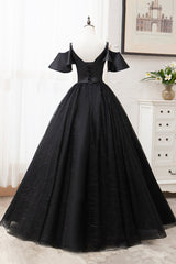 Bridesmaid Dress For Girls, Black V-Neck Tulle Long Prom Dresses, A-Line Black Evening Dresses