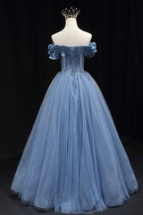 Cocktail Dress, Blue Tulle Beaded Long Prom Dress, Elegant A-Line Blue Evening Dress