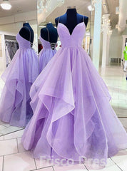 Bridesmaid Dress Website, Purple V Neck Sleeveless A Line Tulle Sequin Prom Dresses