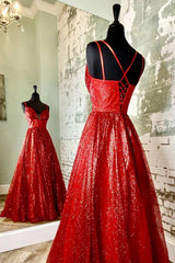 Formal Dresses For Middle School, A-Line Red Sequin Lace-Up Long Prom Dress