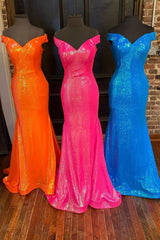 Bridesmaid Dress Navy Blue, Off the Shoulder Orange Mermaid Long Prom Dress