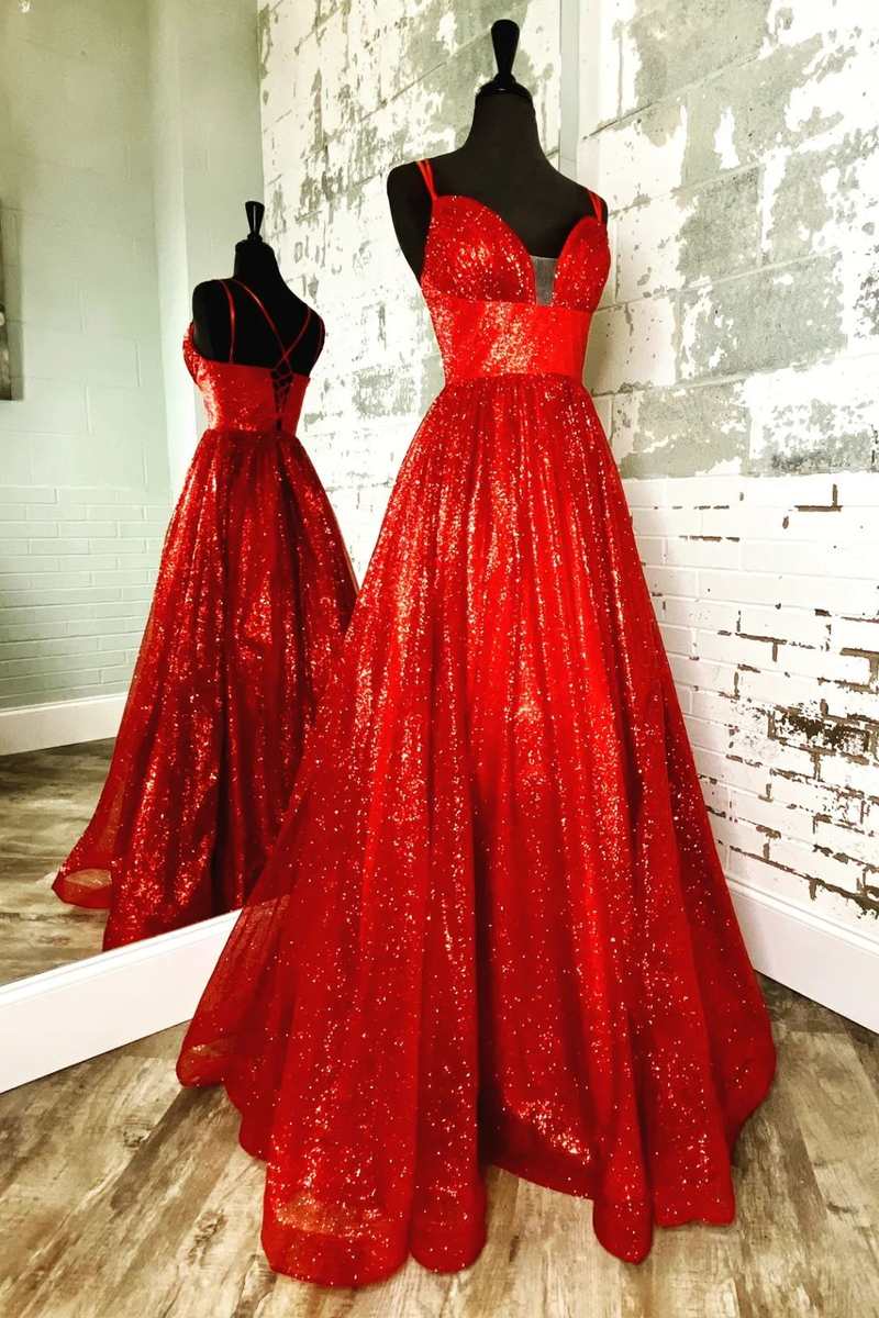 Formal Dress Off The Shoulder, A-Line Red Sequin Lace-Up Long Prom Dress