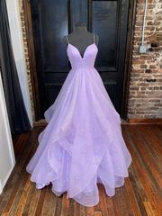 Formal Dressing Style, A Line V Neck Shiny Purple Long Prom Dresses, Shiny V Neck Purple Formal Evening Dresses