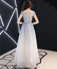 Chiffon Dress, Blue Round Neck Tulle Long Prom Dress, Blue Tulle Evening Dress