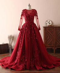 Prom Dresses 2037 Cheap, Burgundy Lace Satin Long Prom Dress, Burgundy Lace Evening Dress