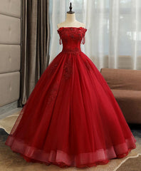 Prom Dressed Ball Gown, Burgundy Tulle Lace Long Prom Gown Burgundy Tulle Lace Formal Dress