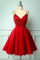 Bridesmaid Dresses Short, red a line prom party dress with spaghetti straps
