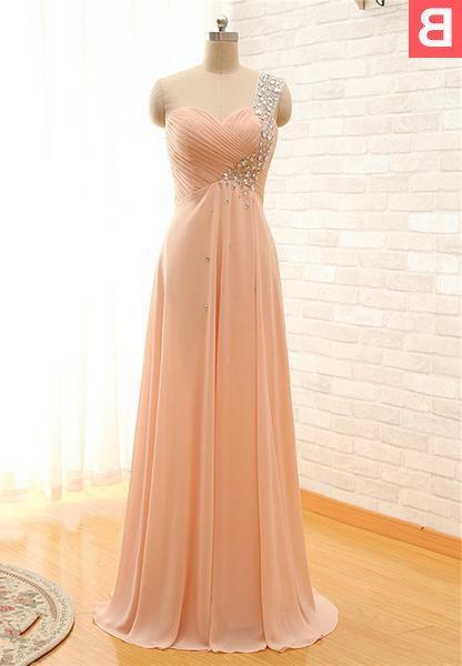 Winter Formal, Floor-Length/Long A-Line/Princess One Shoulder Beading Chiffon Prom Dresses